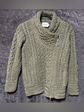 SAOL Women's S Irish Knit Zip-Front Cable Sweater Olive Green